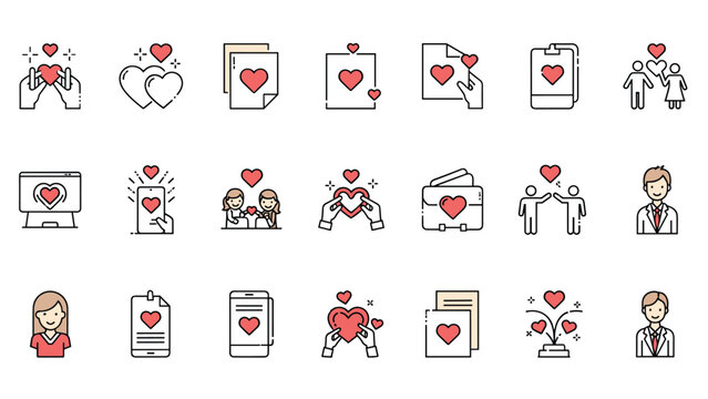 Extensive collection of heart and love related icons featuring social media, healthcare, and interpersonal symbols.