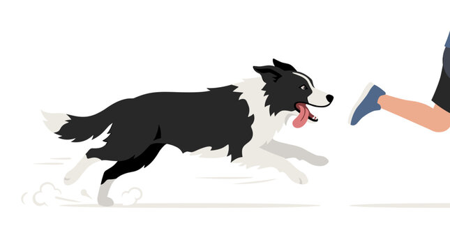 A purebred Border Collie dashes swiftly, chasing someone, while a shepherd dog sprints with its tongue out; a dog profile in a colored flat vector illustration set against a white background
