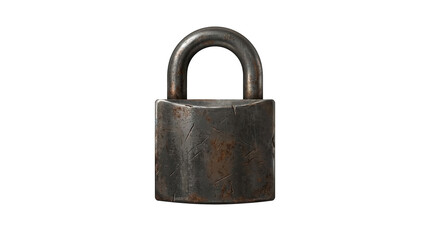 Fototapeta premium Realistic detail of an old, heavily rusted metal padlock, symbolizing vintage security, protection, and timeless strength against a clean white background