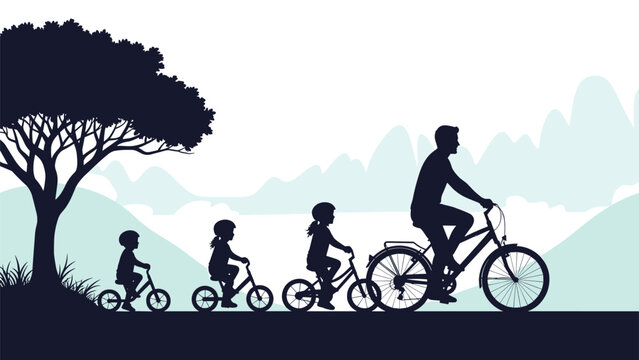 Beautiful silhouette of a family with three children riding bicycles against a scenic mountain landscape.