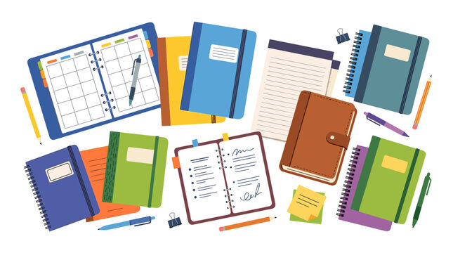 Open paper planners, notebooks, and pens; blank-page notepads; scattered note pads, diaries, and organizers; copybooks and business journals&mdash;all depicted in a flat vector illustration set against a