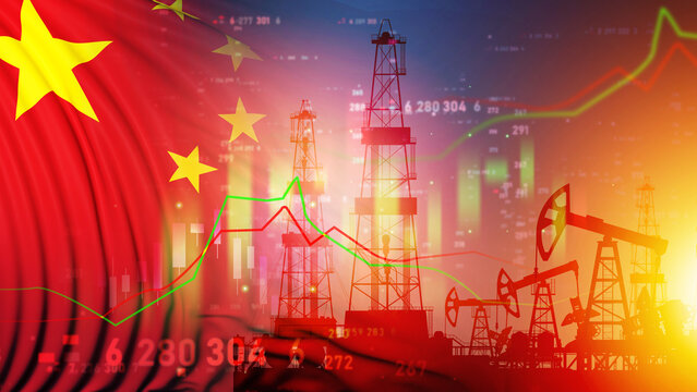 A high-tech conceptual illustration featuring silhouettes of oil derricks and pumpjacks overlaid with dynamic financial data with the background image of China flag, icluding glowing stock market line