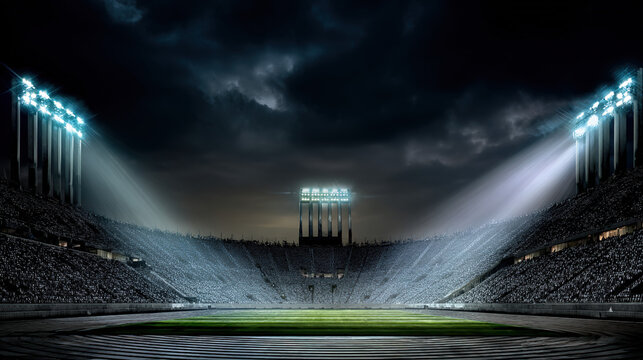 floodlight. Empty soccer stadium illuminated by powerful floodlights under a dramatic night sky. event key visuals, club posters, designed for fitness apps and gym onboarding, drives event promotion.

