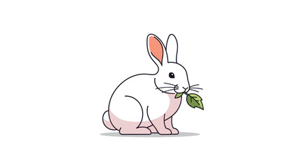 Obraz premium Cute white rabbit eating a green leaf illustration.