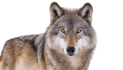 Obraz premium Isolated portrait of a majestic gray wolf with intense golden eyes looking forward