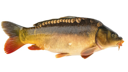 Isolated common carp fish, a freshwater species with golden-brown scales and reddish fins © Rowan