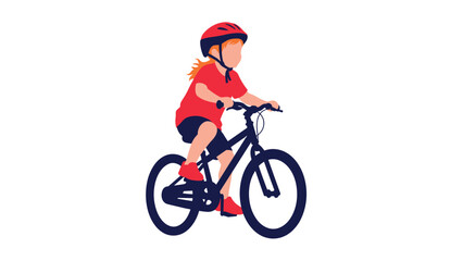 Fototapeta premium Young girl wearing a red safety helmet and t-shirt riding a black bicycle with red shoes against a white background.