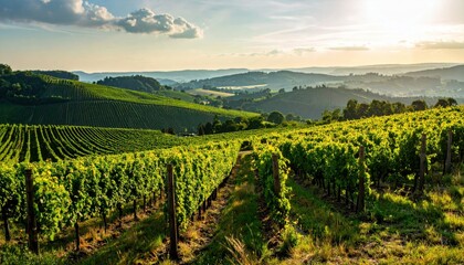 Naklejka premium Panoramic view of a sprawling vineyard with neatly arranged rows of grapevines under a sunny sky