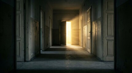 Fototapeta premium Dark hallway with many closed doors and one slightly open door with bright light, symbolizing choice, opportunity, and new possibilities.