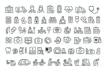 Comprehensive collection of medical and emergency icons in monochrome style