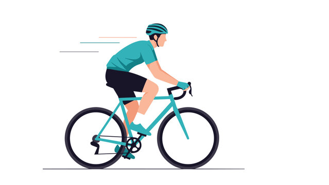 Professional cyclist in a helmet and jersey riding a fast road bicycle against a plain white background with motion speed lines.