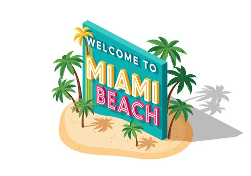 Welcome to Miami Beach Sign with Palm Trees and Sand Illustration