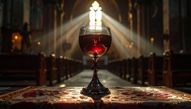 Ornate silver chalice filled with red wine sits on an altar during a holy communion sacrament in a church.