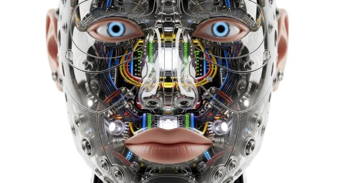 A robotic face with blue eyes and colorful circuits isolated on white background