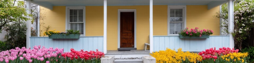 Naklejka premium Yellow porch tulips planters door with mixed pink red and yellow tulip displays in long planter boxes on a pale blue porch creating a colorful seasonal facade at a cottage