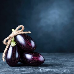 Obraz premium Eggplants with Rope Tie on Dark Surface in Studio Setting