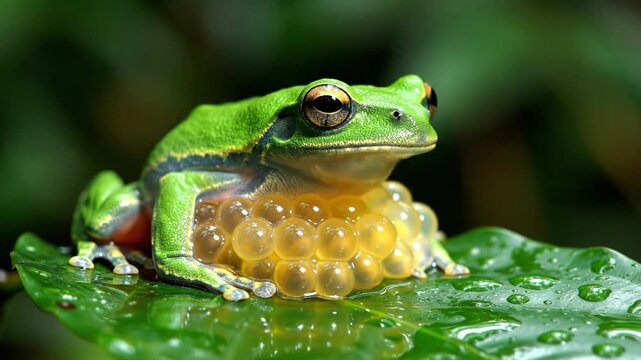 Frog Parent Guarding Clutch of Eggs on Tropical Leaf