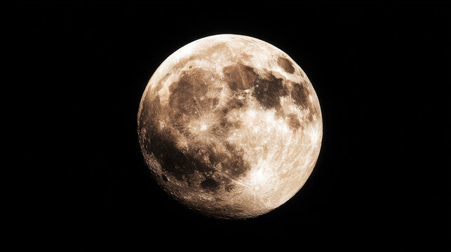 phase. A detailed closeup of the full moon, showcasing its textured surface against the dark expanse of space. STEM education sheets.
