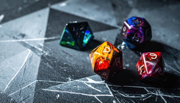 A collection of unique, custom-made polyhedral dice with vibrant colors and unusual symbols for tabletop role-playing games.