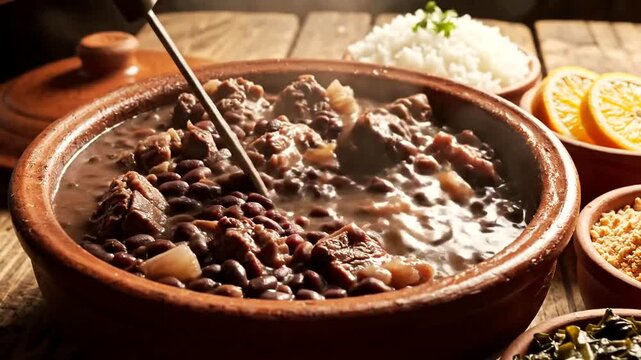 Traditional Brazilian feijoada in clay pot.