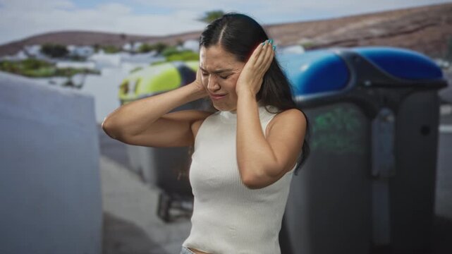 Woman in white tank top covers ears with hands by street recycling container under bright daylight; annoyance.