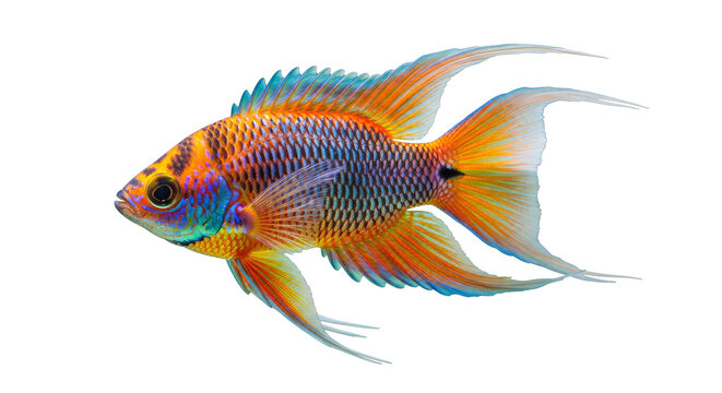 Vibrant ram cichlid fish with long flowing fins isolated on transparent background cutout