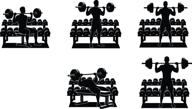 Set of barbell strength training exercises with bench press, squat, and shoulder press silhouettes in gym vector illustration