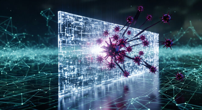 Digital cybersecurity concept with a virus attacking a glowing firewall network, representing protection and data security in a futuristic network