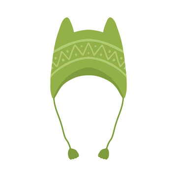 Hand drawn green earflap winter hat with cat ears vector illustration. Cozy winter headwear vector chullo hat with strings for cold weather design