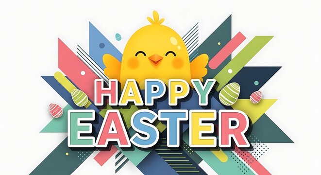 A cheerful, smiling chick with outstretched wings, surrounded by colorful abstract geometric shapes and the words "Happy Easter" in bold letters.