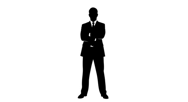 Silhouette of a businessman in a suit with arms crossed, isolated on white background