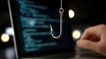 Fototapeta premium A person stares at a laptop with a fishing hook and cybersecurity alerts in a dark, blue-lit room, illustrating a hacker attack