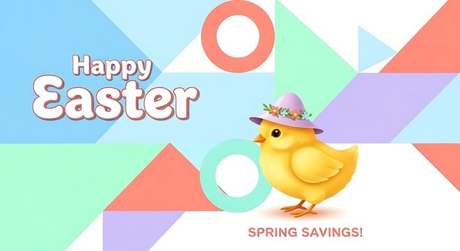 Cute cartoon chick wearing a floral hat, wishing a Happy Easter with spring savings text, on a colorful geometric background.
