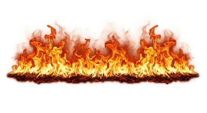 Vibrant orange and yellow flames burning on a white background with smoke rising