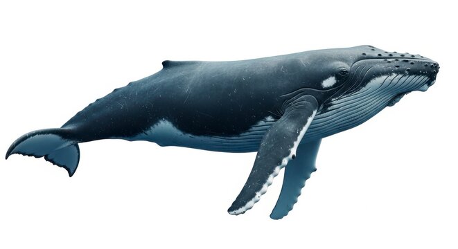 A large humpback whale swimming in the ocean isolated on white background with water splashes on its body