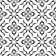 Fototapeta premium Traditional floral motif seamless pattern with black petal shapes creating symmetrical tribal design on transparent background