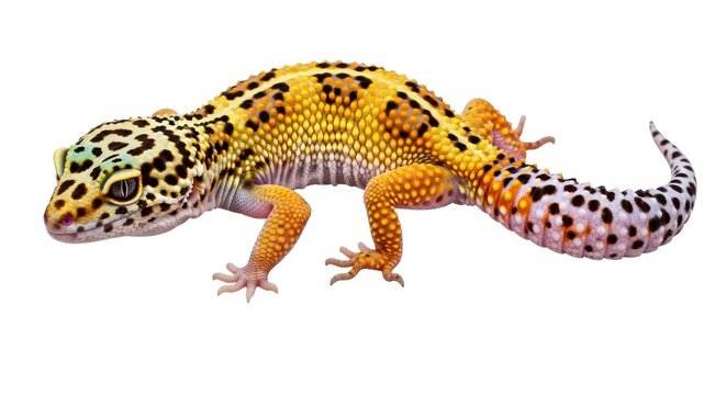 A vibrant yellow and black spotted leopard gecko isolated on white background with orange legs and tail
