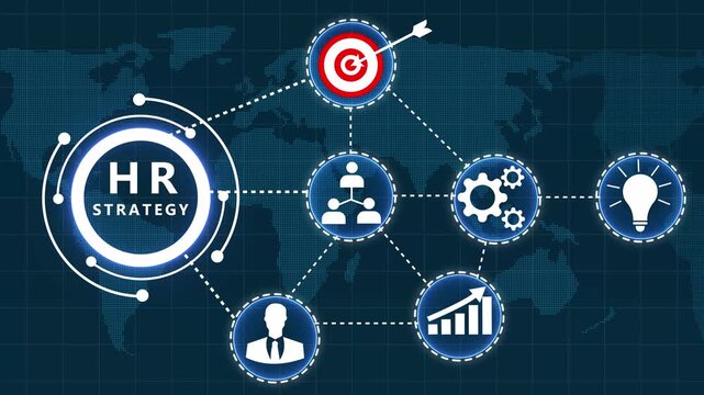 Global business strategy diagram for HR strategy with interconnected for goals targets people and growth on a digital map background
