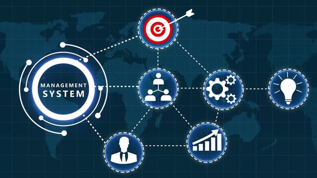 Global business strategy diagram for management system with interconnected for goals targets people and growth on a digital map background