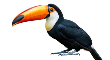 Naklejka premium A colorful toucan with a large orange beak isolated on white background looking to the left side