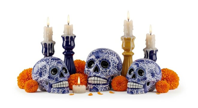 Day of the dead altar with blue and white skulls and candles on white background