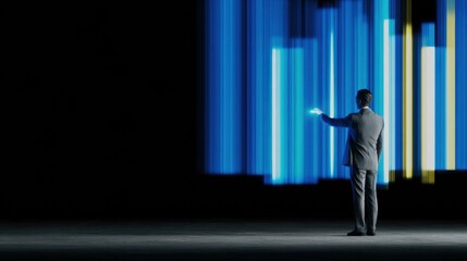 Obraz premium Businessman touching digital interface screen in professional library setting for e-learning app promo and corporate training with dark copy space background