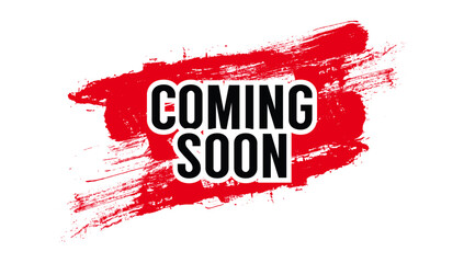 Coming soon bold block typography with white outline on red brush textured background illustration vector artwork design © Swastika