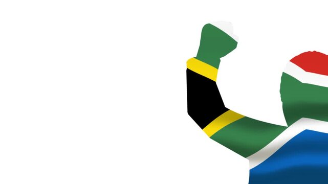 Nelson Mandela International Day South Africa flag human arm raised fist text copy space white background
