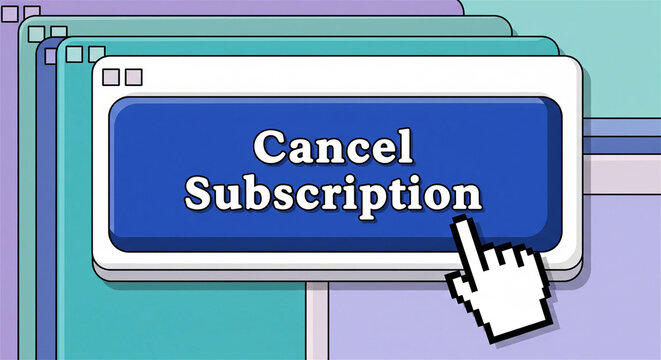 Hand cursor clicks "Cancel Subscription" button on a retro computer interface, representing online service termination.
