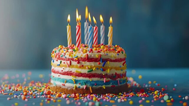 A festive cake with lit candles and colourful decorations creates a joyful atmosphere &mdash; perfect as a vibrant backdrop for promoting celebrations.
