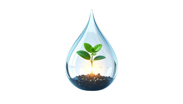 A water droplet encases a sprout within, hinting at growth & sustainability, against black