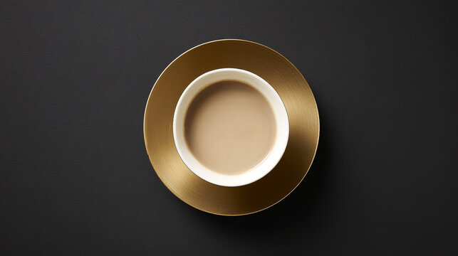topdown. Minimalist coffee cup on a sleek gold-black surface, embodying simplicity and modern design. bar promotions, beverage menus, designed for product packaging and bar promotions.
