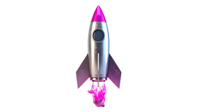 A shiny silver rocket ship with a pink fin, nose cone, and exhaust against a black backdrop