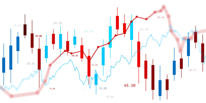 Stock market graph with candlestick chart, red and blue trend lines, and financial growth concept for trading, investing, business analytics and fintech market visuals on transparent PNG